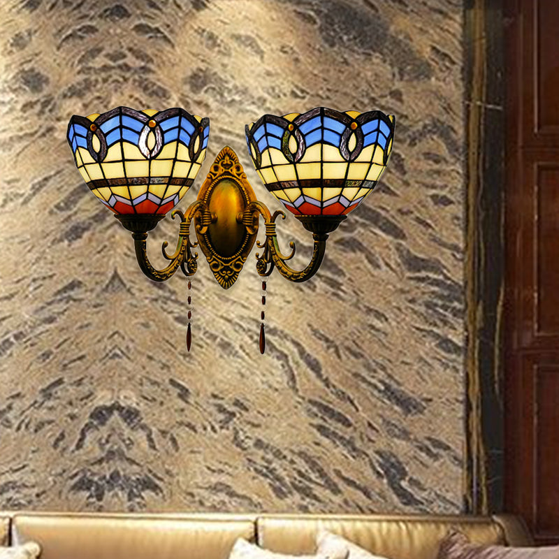 Baroque Bowl-Shaped Wall Fixture Light Stained Glass 2 Lights Wall Sconce Lighting for Living Room Yellow-Blue Clearhalo 'Industrial' 'Middle century wall lights' 'Tiffany wall lights' 'Tiffany' 'Wall Lamps & Sconces' 'Wall Lights' Lighting' 183318