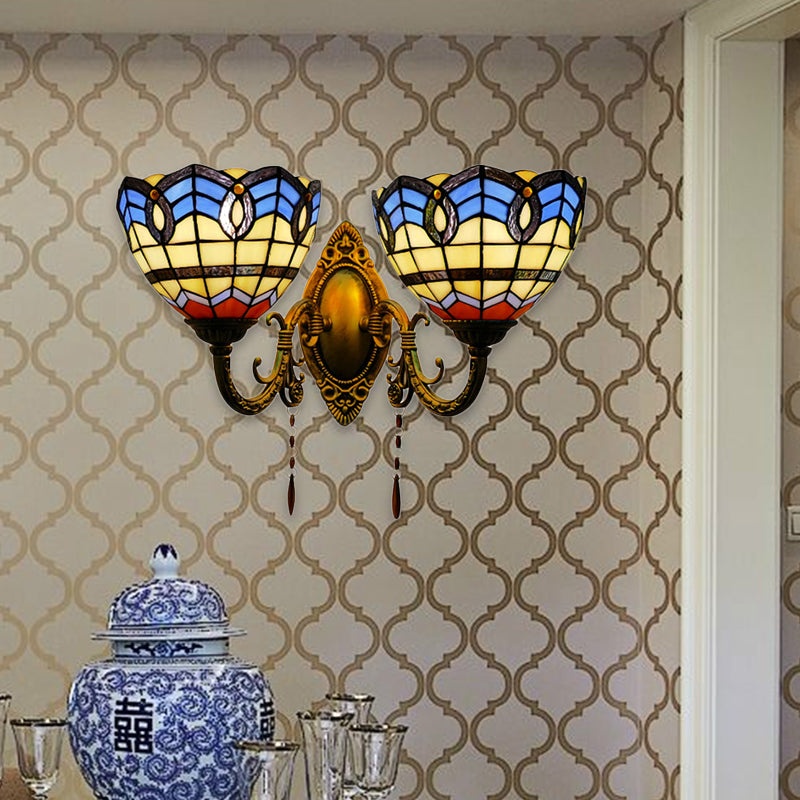 Baroque Bowl-Shaped Wall Fixture Light Stained Glass 2 Lights Wall Sconce Lighting for Living Room Clearhalo 'Industrial' 'Middle century wall lights' 'Tiffany wall lights' 'Tiffany' 'Wall Lamps & Sconces' 'Wall Lights' Lighting' 183319