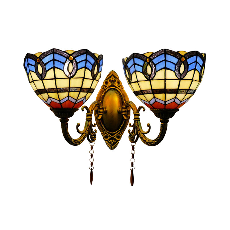 Baroque Bowl-Shaped Wall Fixture Light Stained Glass 2 Lights Wall Sconce Lighting for Living Room Clearhalo 'Industrial' 'Middle century wall lights' 'Tiffany wall lights' 'Tiffany' 'Wall Lamps & Sconces' 'Wall Lights' Lighting' 183320