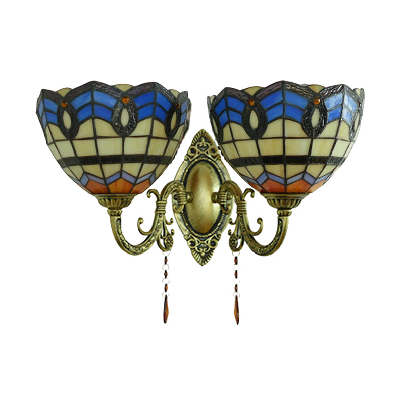 Baroque Bowl-Shaped Wall Fixture Light Stained Glass 2 Lights Wall Sconce Lighting for Living Room Clearhalo 'Industrial' 'Middle century wall lights' 'Tiffany wall lights' 'Tiffany' 'Wall Lamps & Sconces' 'Wall Lights' Lighting' 183321