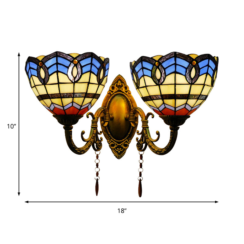 Baroque Bowl-Shaped Wall Fixture Light Stained Glass 2 Lights Wall Sconce Lighting for Living Room Clearhalo 'Industrial' 'Middle century wall lights' 'Tiffany wall lights' 'Tiffany' 'Wall Lamps & Sconces' 'Wall Lights' Lighting' 183322