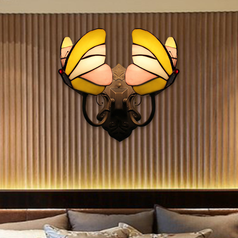 Butterfly Wall Mount Fixture Country Stained Glass 2 Lights Wall Sconce Lamp Fixture for Living Room Yellow-Pink Clearhalo 'Industrial' 'Middle century wall lights' 'Tiffany wall lights' 'Tiffany' 'Wall Lamps & Sconces' 'Wall Lights' Lighting' 183359