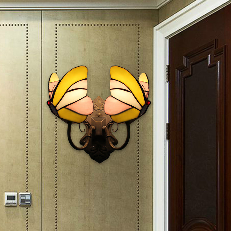Butterfly Wall Mount Fixture Country Stained Glass 2 Lights Wall Sconce Lamp Fixture for Living Room Clearhalo 'Industrial' 'Middle century wall lights' 'Tiffany wall lights' 'Tiffany' 'Wall Lamps & Sconces' 'Wall Lights' Lighting' 183360