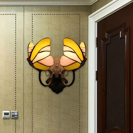Butterfly Wall Mount Fixture Country Stained Glass 2 Lights Wall Sconce Lamp Fixture for Living Room