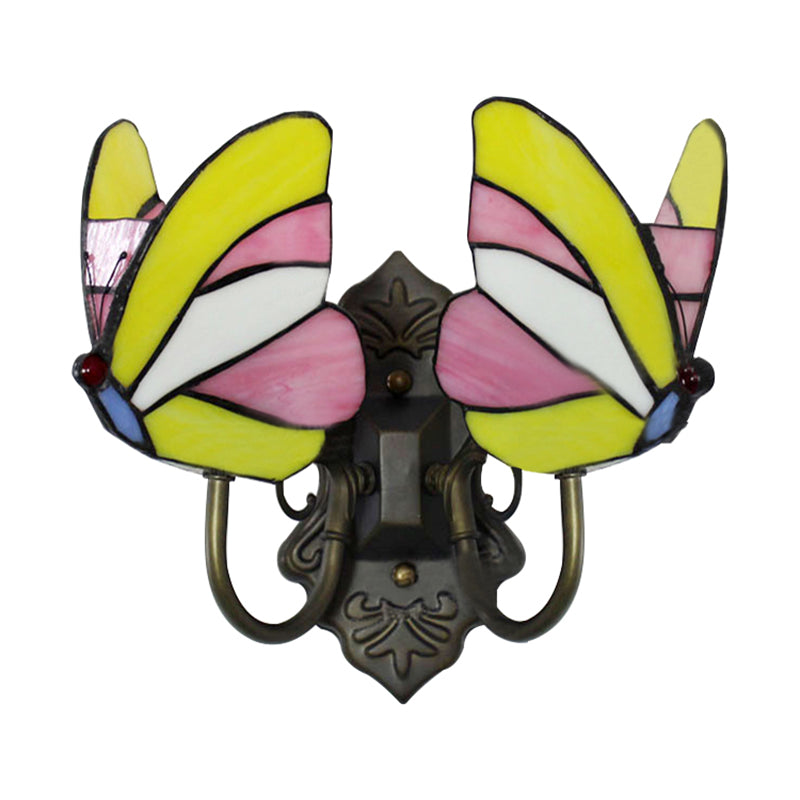 Butterfly Wall Mount Fixture Country Stained Glass 2 Lights Wall Sconce Lamp Fixture for Living Room Clearhalo 'Industrial' 'Middle century wall lights' 'Tiffany wall lights' 'Tiffany' 'Wall Lamps & Sconces' 'Wall Lights' Lighting' 183362