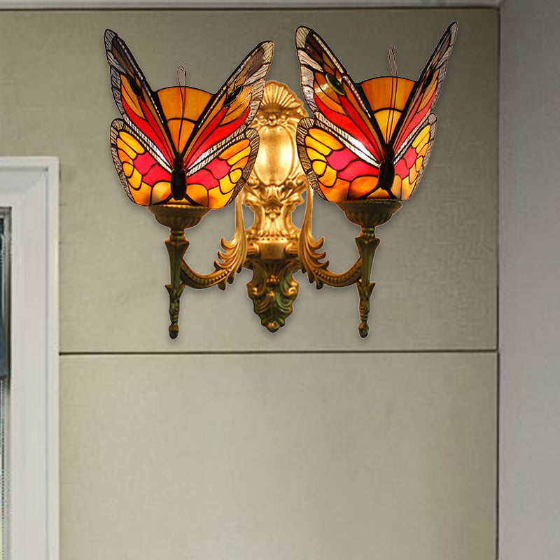 Retro Style Butterfly Wall Sconce Stained Glass 2 Lights Colorful Wall Fixture Light for Stairway Clearhalo 'Industrial' 'Middle century wall lights' 'Tiffany wall lights' 'Tiffany' 'Wall Lamps & Sconces' 'Wall Lights' Lighting' 183373