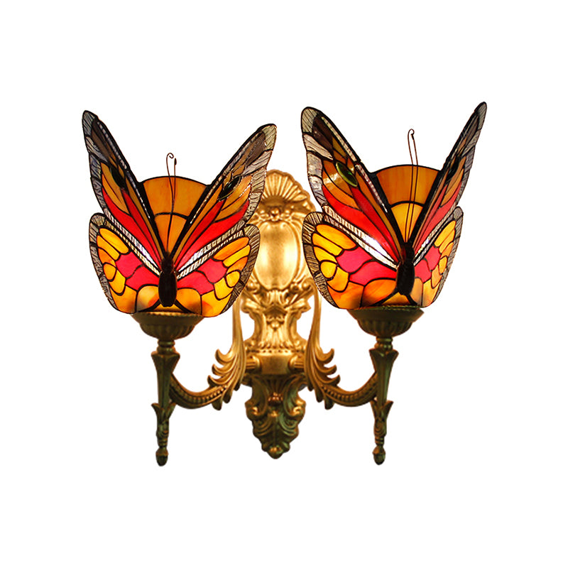 Retro Style Butterfly Wall Sconce Stained Glass 2 Lights Colorful Wall Fixture Light for Stairway Clearhalo 'Industrial' 'Middle century wall lights' 'Tiffany wall lights' 'Tiffany' 'Wall Lamps & Sconces' 'Wall Lights' Lighting' 183374