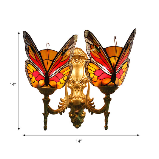 Retro Style Butterfly Wall Sconce Stained Glass 2 Lights Colorful Wall Fixture Light for Stairway Clearhalo 'Industrial' 'Middle century wall lights' 'Tiffany wall lights' 'Tiffany' 'Wall Lamps & Sconces' 'Wall Lights' Lighting' 183376