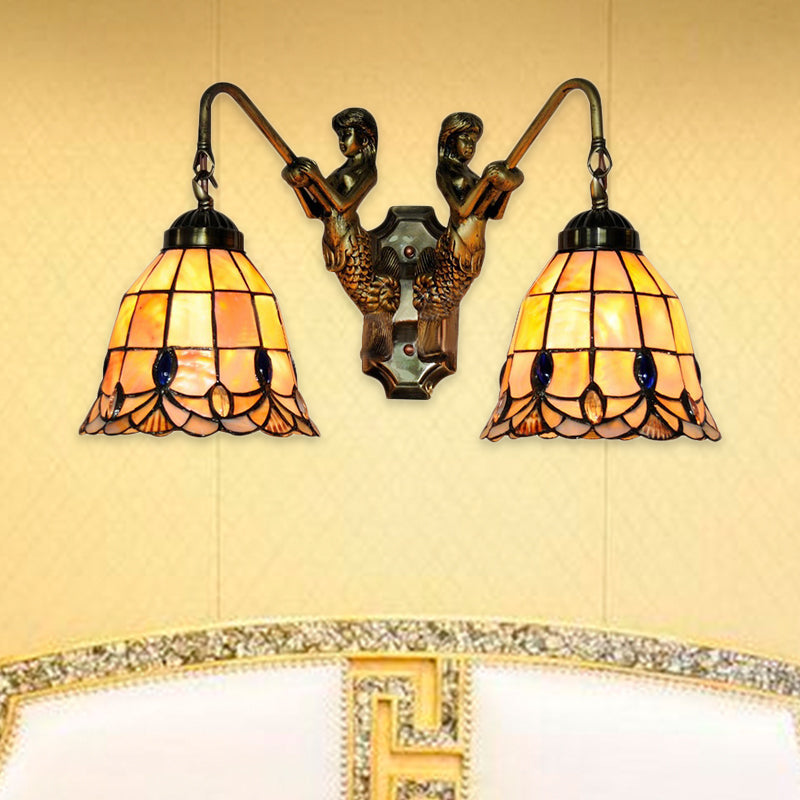 Flared Shell Sconce Light Tiffany 2 Heads Beige Mermaid Wall Mounted Light for Bedroom Beige Clearhalo 'Industrial' 'Middle century wall lights' 'Tiffany wall lights' 'Tiffany' 'Wall Lamps & Sconces' 'Wall Lights' Lighting' 183377