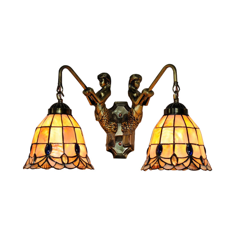 Flared Shell Sconce Light Tiffany 2 Heads Beige Mermaid Wall Mounted Light for Bedroom Clearhalo 'Industrial' 'Middle century wall lights' 'Tiffany wall lights' 'Tiffany' 'Wall Lamps & Sconces' 'Wall Lights' Lighting' 183379