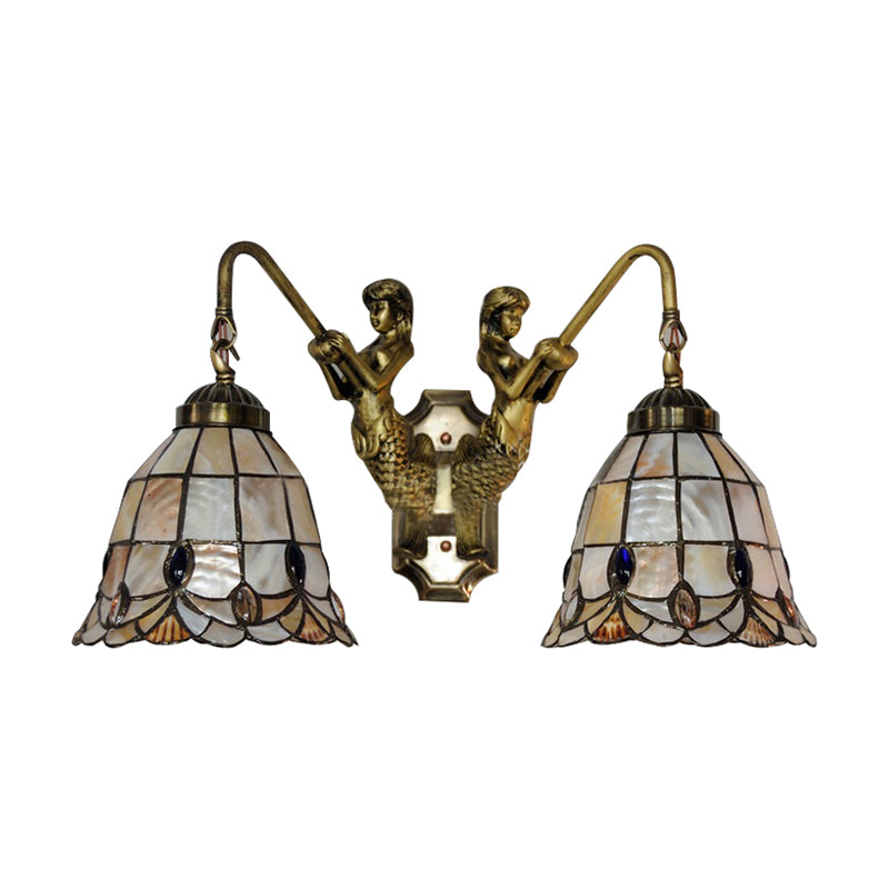 Flared Shell Sconce Light Tiffany 2 Heads Beige Mermaid Wall Mounted Light for Bedroom Clearhalo 'Industrial' 'Middle century wall lights' 'Tiffany wall lights' 'Tiffany' 'Wall Lamps & Sconces' 'Wall Lights' Lighting' 183380