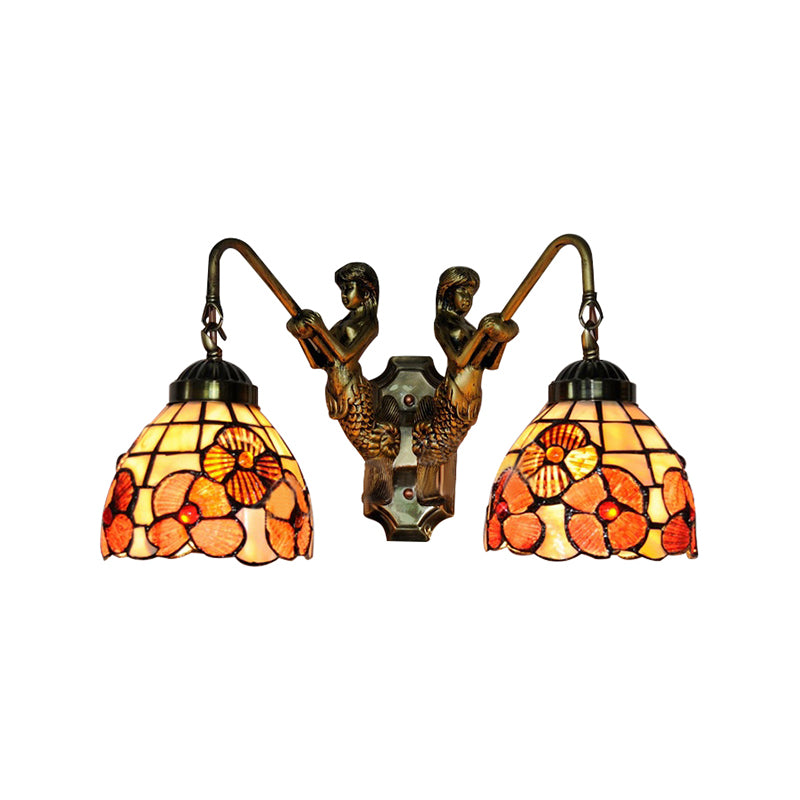 Pink Floral Wall Mounted Light Victorian 2 Lights Shell Sconce Light Fixture with Mermaid Decoration Clearhalo 'Industrial' 'Middle century wall lights' 'Tiffany wall lights' 'Tiffany' 'Wall Lamps & Sconces' 'Wall Lights' Lighting' 183398