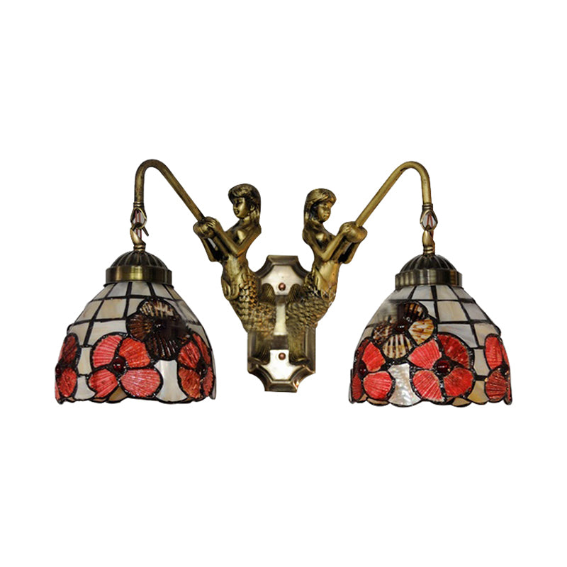 Pink Floral Wall Mounted Light Victorian 2 Lights Shell Sconce Light Fixture with Mermaid Decoration Clearhalo 'Industrial' 'Middle century wall lights' 'Tiffany wall lights' 'Tiffany' 'Wall Lamps & Sconces' 'Wall Lights' Lighting' 183399