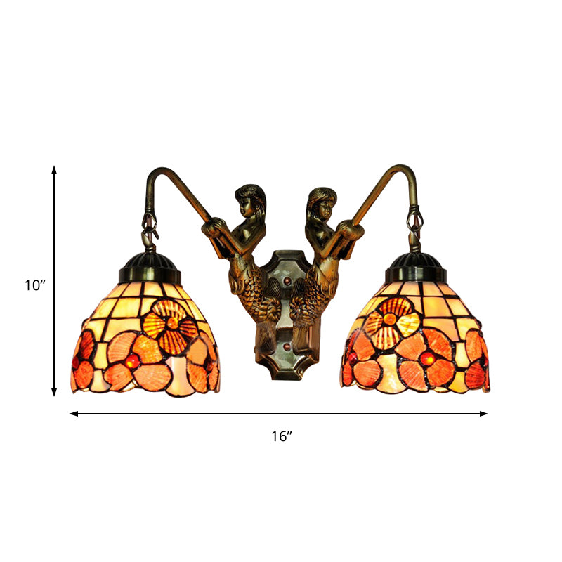 Pink Floral Wall Mounted Light Victorian 2 Lights Shell Sconce Light Fixture with Mermaid Decoration Clearhalo 'Industrial' 'Middle century wall lights' 'Tiffany wall lights' 'Tiffany' 'Wall Lamps & Sconces' 'Wall Lights' Lighting' 183400