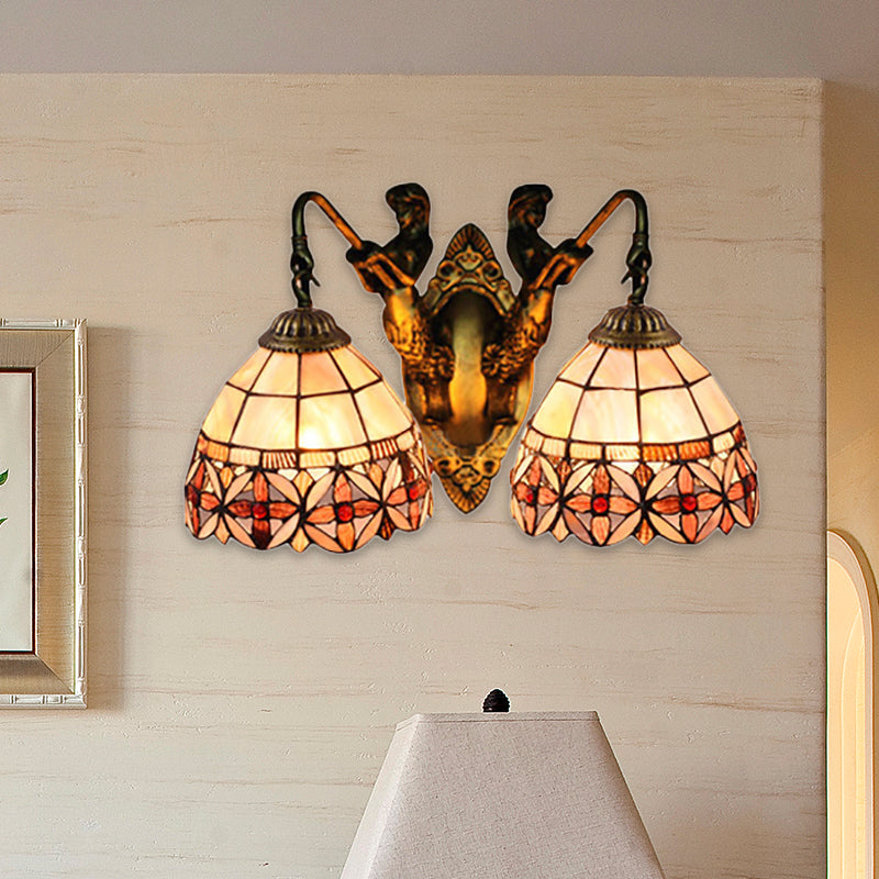 Tiffany Bowl Shell Sconce Light Fixture 2 Heads Wall Mounted Light in Beige with Mermaid Backplate Beige Clearhalo 'Industrial' 'Middle century wall lights' 'Tiffany wall lights' 'Tiffany' 'Wall Lamps & Sconces' 'Wall Lights' Lighting' 183405