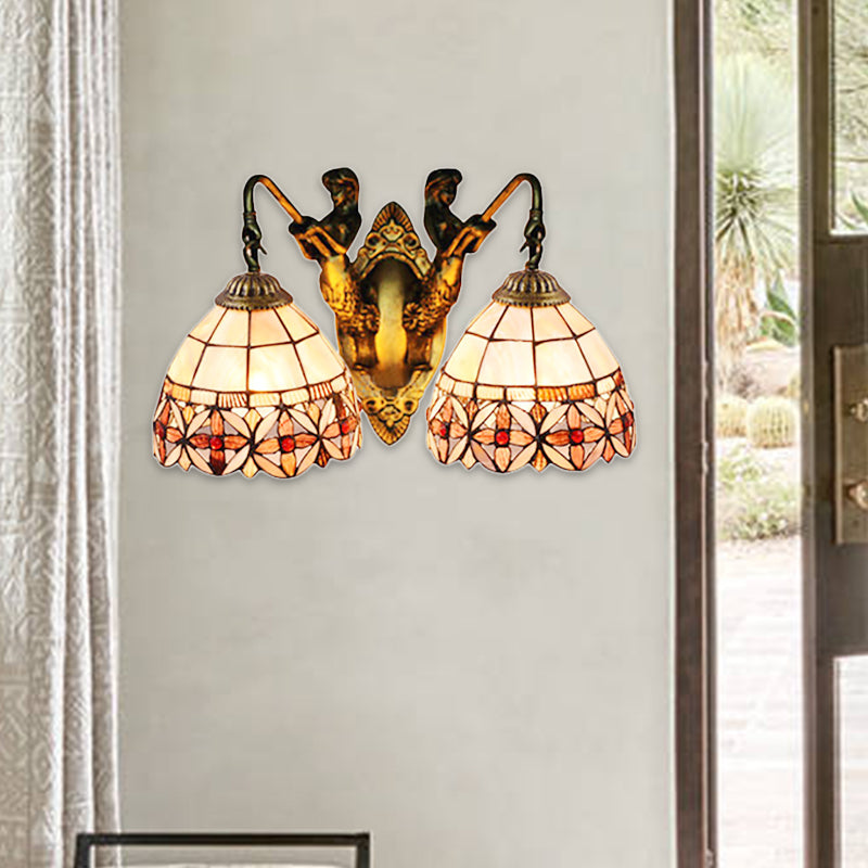 Tiffany Bowl Shell Sconce Light Fixture 2 Heads Wall Mounted Light in Beige with Mermaid Backplate Clearhalo 'Industrial' 'Middle century wall lights' 'Tiffany wall lights' 'Tiffany' 'Wall Lamps & Sconces' 'Wall Lights' Lighting' 183406