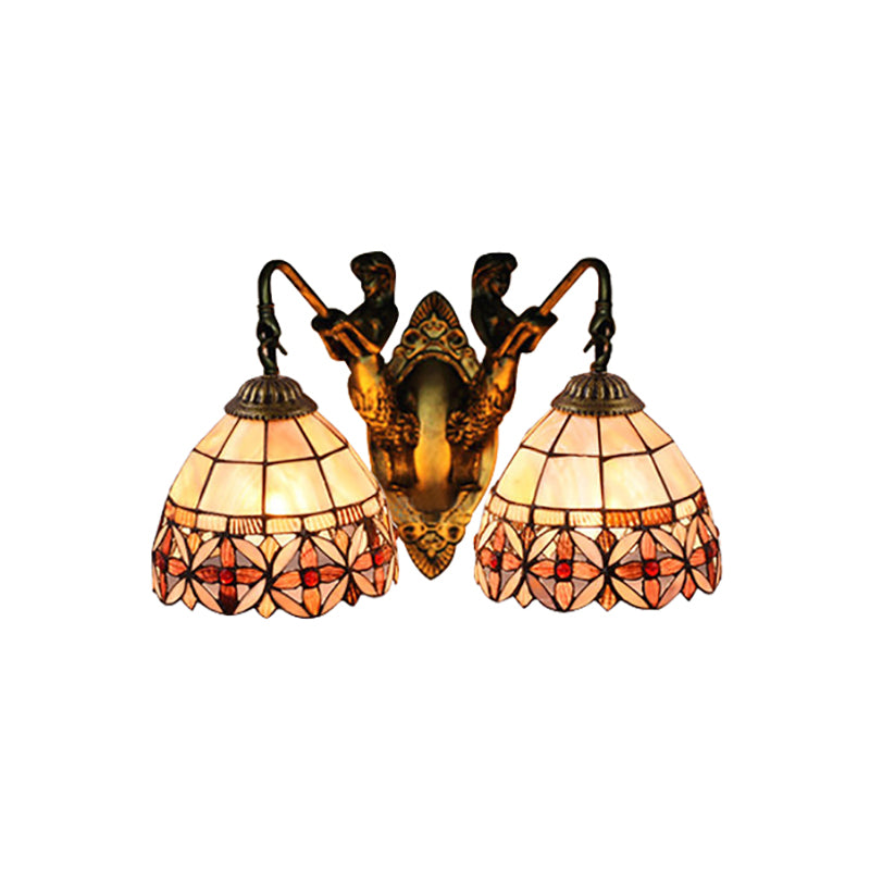 Tiffany Bowl Shell Sconce Light Fixture 2 Heads Wall Mounted Light in Beige with Mermaid Backplate Clearhalo 'Industrial' 'Middle century wall lights' 'Tiffany wall lights' 'Tiffany' 'Wall Lamps & Sconces' 'Wall Lights' Lighting' 183407