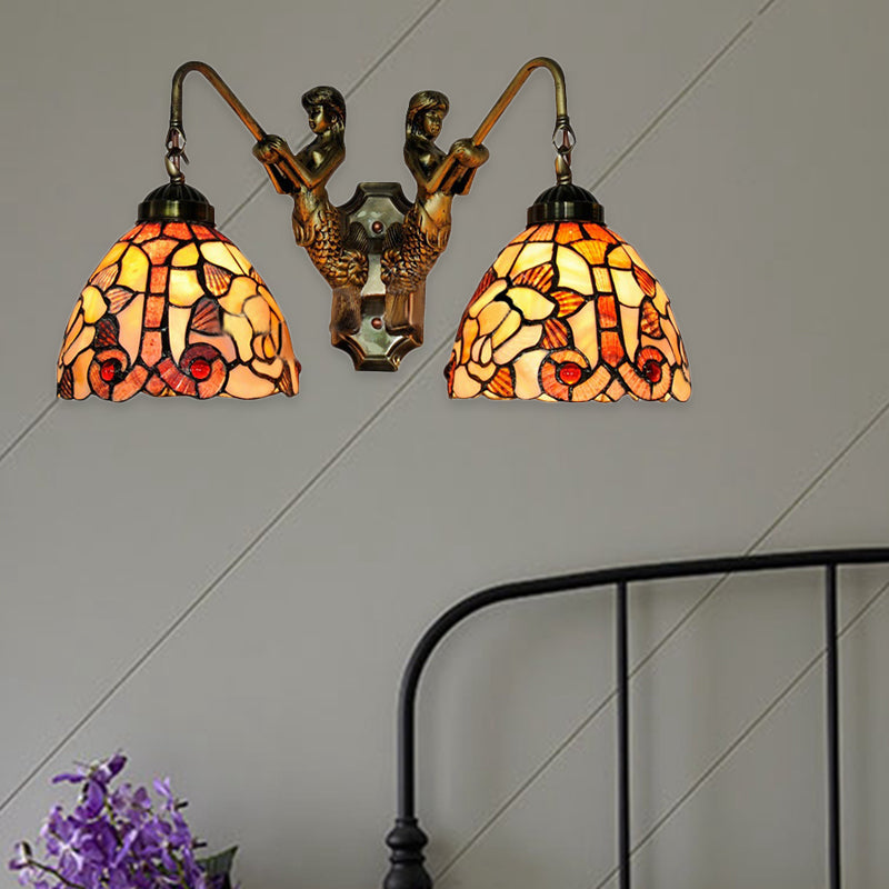 Shell Bowl Wall Lighting Fixture Baroque 2 Heads Orange Sconce Light with Mermaid Backplate for Bedroom Orange Clearhalo 'Industrial' 'Middle century wall lights' 'Tiffany wall lights' 'Tiffany' 'Wall Lamps & Sconces' 'Wall Lights' Lighting' 183413