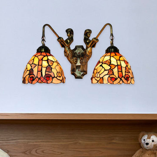 Shell Bowl Wall Lighting Fixture Baroque 2 Heads Orange Sconce Light with Mermaid Backplate for Bedroom Clearhalo 'Industrial' 'Middle century wall lights' 'Tiffany wall lights' 'Tiffany' 'Wall Lamps & Sconces' 'Wall Lights' Lighting' 183414