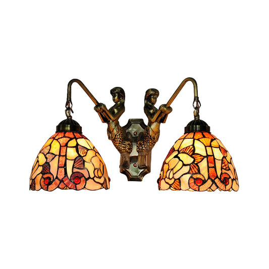 Shell Bowl Wall Lighting Fixture Baroque 2 Heads Orange Sconce Light with Mermaid Backplate for Bedroom Clearhalo 'Industrial' 'Middle century wall lights' 'Tiffany wall lights' 'Tiffany' 'Wall Lamps & Sconces' 'Wall Lights' Lighting' 183415