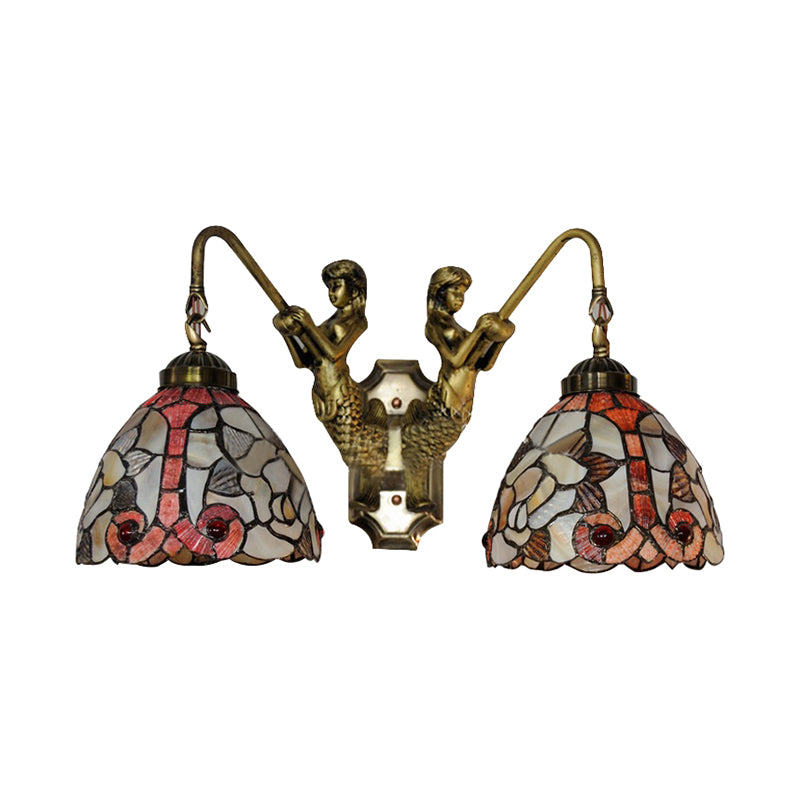 Shell Bowl Wall Lighting Fixture Baroque 2 Heads Orange Sconce Light with Mermaid Backplate for Bedroom Clearhalo 'Industrial' 'Middle century wall lights' 'Tiffany wall lights' 'Tiffany' 'Wall Lamps & Sconces' 'Wall Lights' Lighting' 183416