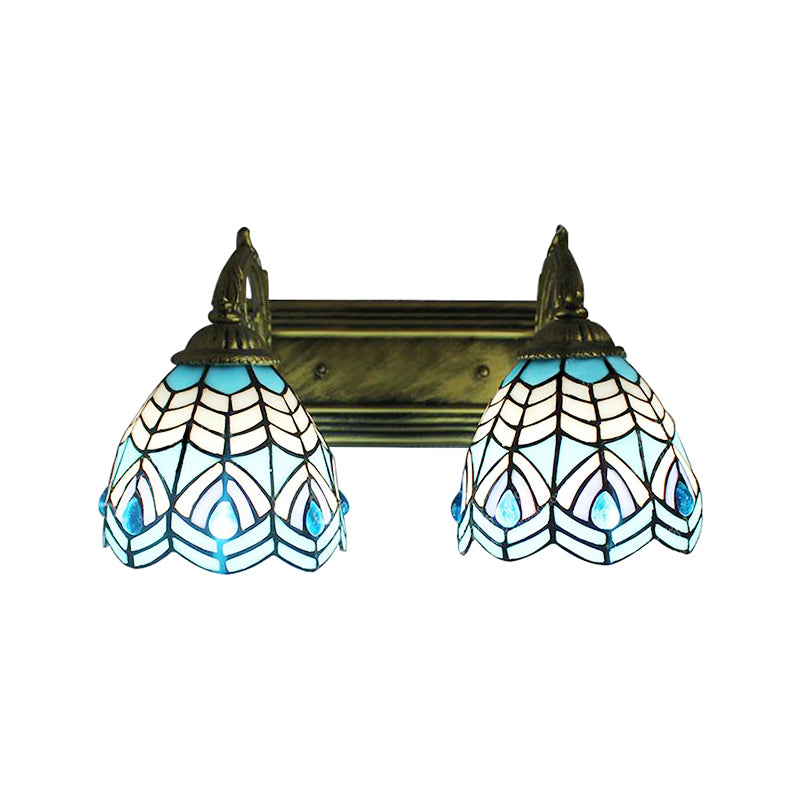 Tiffany Style Dome Wall Lighting Stained Glass 2 Heads Decorative Wall Fixture Light in Blue Clearhalo 'Industrial' 'Middle century wall lights' 'Tiffany wall lights' 'Tiffany' 'Wall Lamps & Sconces' 'Wall Lights' Lighting' 183431