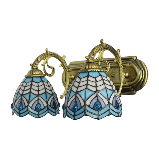 Tiffany Style Dome Wall Lighting Stained Glass 2 Heads Decorative Wall Fixture Light in Blue Clearhalo 'Industrial' 'Middle century wall lights' 'Tiffany wall lights' 'Tiffany' 'Wall Lamps & Sconces' 'Wall Lights' Lighting' 183432