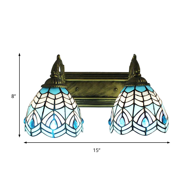 Tiffany Style Dome Wall Lighting Stained Glass 2 Heads Decorative Wall Fixture Light in Blue Clearhalo 'Industrial' 'Middle century wall lights' 'Tiffany wall lights' 'Tiffany' 'Wall Lamps & Sconces' 'Wall Lights' Lighting' 183433
