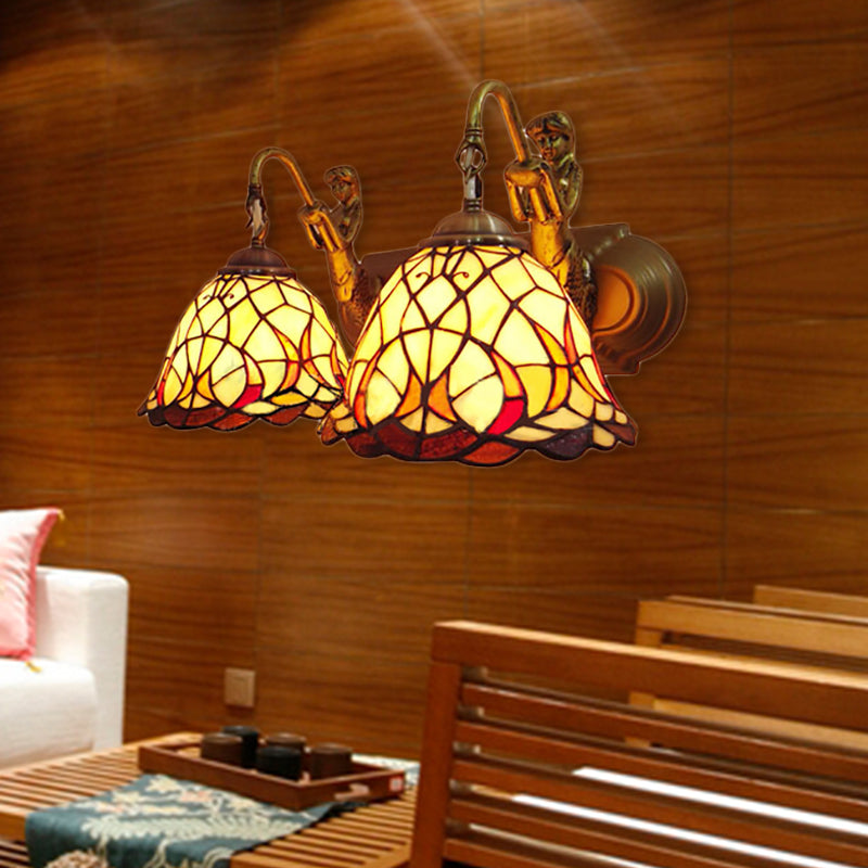 2 Heads Dome Sconce Lighting Tiffany 2 Head Beige Glass Wall Mount Light with Mermaid Backplate Clearhalo 'Industrial' 'Middle century wall lights' 'Tiffany wall lights' 'Tiffany' 'Wall Lamps & Sconces' 'Wall Lights' Lighting' 183480