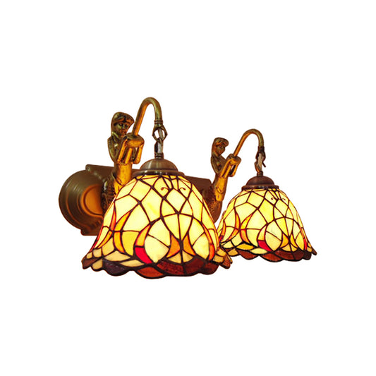 2 Heads Dome Sconce Lighting Tiffany 2 Head Beige Glass Wall Mount Light with Mermaid Backplate Clearhalo 'Industrial' 'Middle century wall lights' 'Tiffany wall lights' 'Tiffany' 'Wall Lamps & Sconces' 'Wall Lights' Lighting' 183481