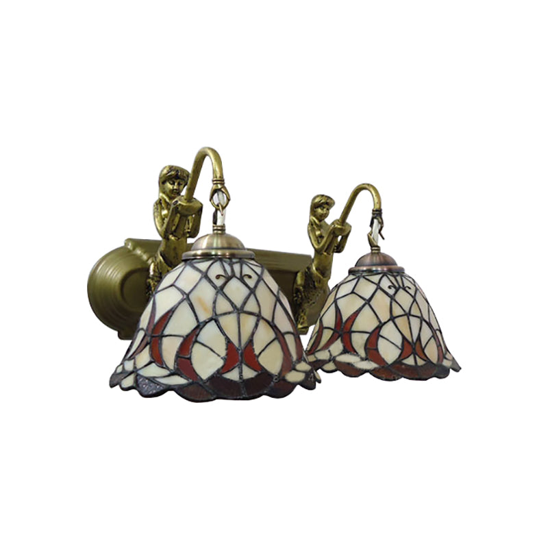 2 Heads Dome Sconce Lighting Tiffany 2 Head Beige Glass Wall Mount Light with Mermaid Backplate Clearhalo 'Industrial' 'Middle century wall lights' 'Tiffany wall lights' 'Tiffany' 'Wall Lamps & Sconces' 'Wall Lights' Lighting' 183482