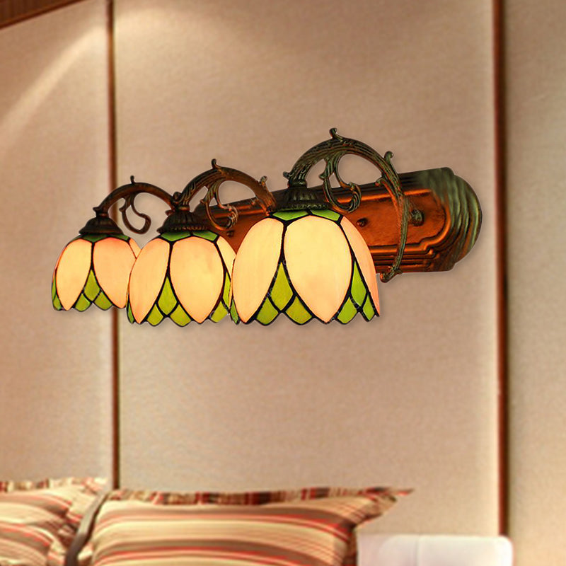 3 Heads Scallop Vanity Light Tiffany Stained Glass Decorative Wall Fixture Light in Pink Clearhalo 'Industrial' 'Middle century wall lights' 'Tiffany wall lights' 'Tiffany' 'Wall Lamps & Sconces' 'Wall Lights' Lighting' 183495