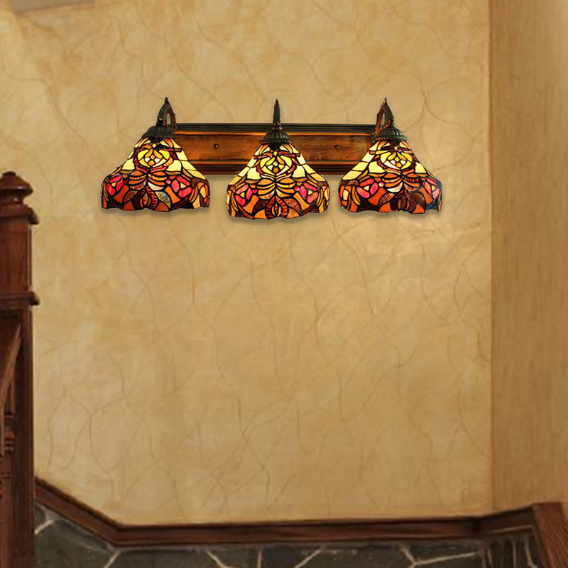 Stained Glass Flower Wall Sconces 3 Lights Tiffany Rustic Wall Lamp in Brass for Hotel Brass Clearhalo 'Industrial' 'Middle century wall lights' 'Tiffany wall lights' 'Tiffany' 'Wall Lamps & Sconces' 'Wall Lights' Lighting' 183508