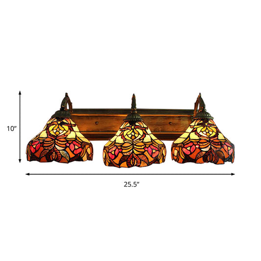 Stained Glass Flower Wall Sconces 3 Lights Tiffany Rustic Wall Lamp in Brass for Hotel Clearhalo 'Industrial' 'Middle century wall lights' 'Tiffany wall lights' 'Tiffany' 'Wall Lamps & Sconces' 'Wall Lights' Lighting' 183511