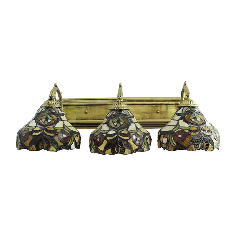 Stained Glass Flower Wall Sconces 3 Lights Tiffany Rustic Wall Lamp in Brass for Hotel Clearhalo 'Industrial' 'Middle century wall lights' 'Tiffany wall lights' 'Tiffany' 'Wall Lamps & Sconces' 'Wall Lights' Lighting' 183512
