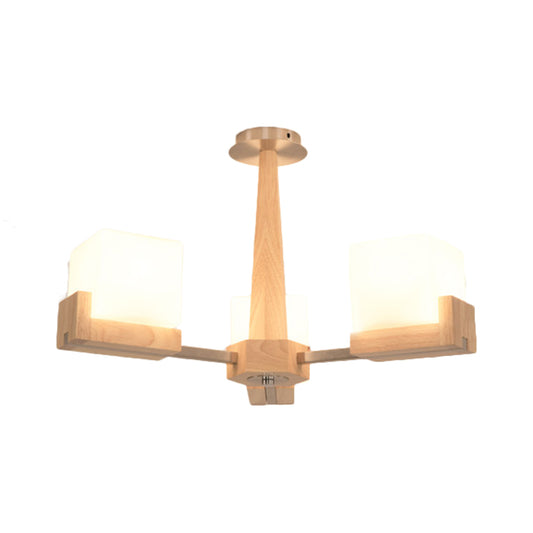 Wood Radial Semi Flush Mount Lighting Modern 3/5/8 Lights Beige Semi Flush Ceiling Lamp Fixture with White Glass Rectangle Shade Clearhalo 'Ceiling Lights' 'Close To Ceiling Lights' 'Close to ceiling' 'Semi-flushmount' Lighting' 183515