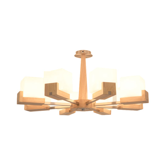 Wood Radial Semi Flush Mount Lighting Modern 3/5/8 Lights Beige Semi Flush Ceiling Lamp Fixture with White Glass Rectangle Shade Clearhalo 'Ceiling Lights' 'Close To Ceiling Lights' 'Close to ceiling' 'Semi-flushmount' Lighting' 183521