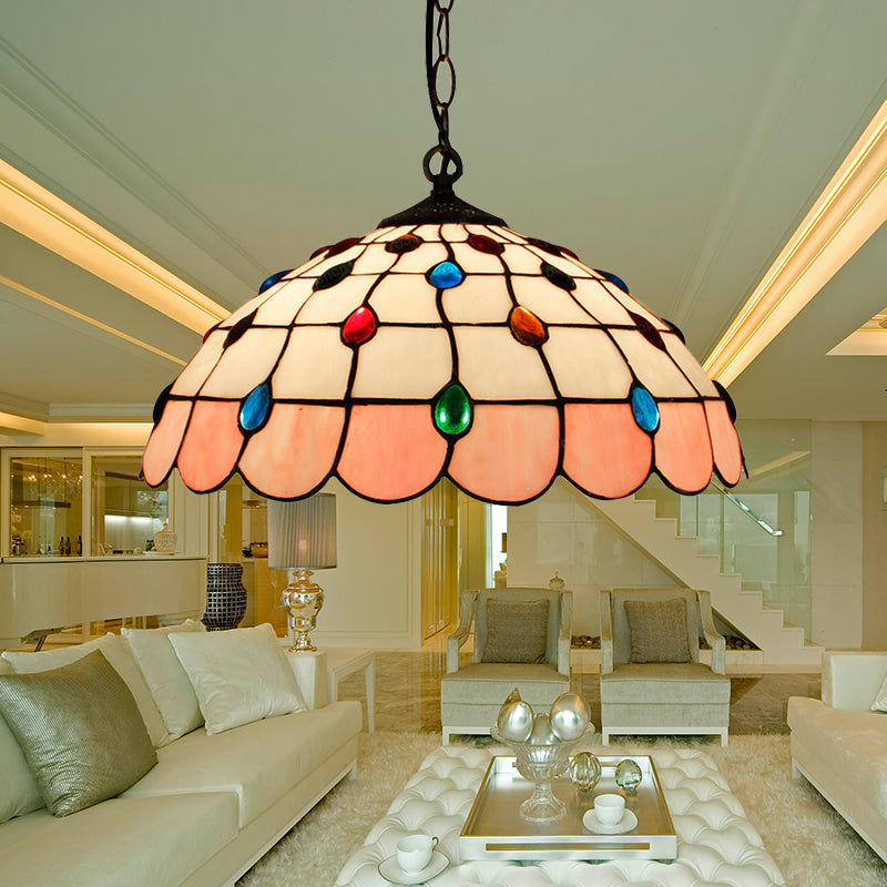 Single Head Dome Hanging Pendant Tiffany Pink/Light Blue/Green Hand Rolled Art Glass Ceiling Light for Bedroom Clearhalo 'Ceiling Lights' 'Industrial' 'Middle Century Pendants' 'Pendant Lights' 'Pendants' 'Tiffany close to ceiling' 'Tiffany Pendants' 'Tiffany' Lighting' 183562