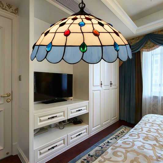 Single Head Dome Hanging Pendant Tiffany Pink/Light Blue/Green Hand Rolled Art Glass Ceiling Light for Bedroom Dark Blue Clearhalo 'Ceiling Lights' 'Industrial' 'Middle Century Pendants' 'Pendant Lights' 'Pendants' 'Tiffany close to ceiling' 'Tiffany Pendants' 'Tiffany' Lighting' 183569