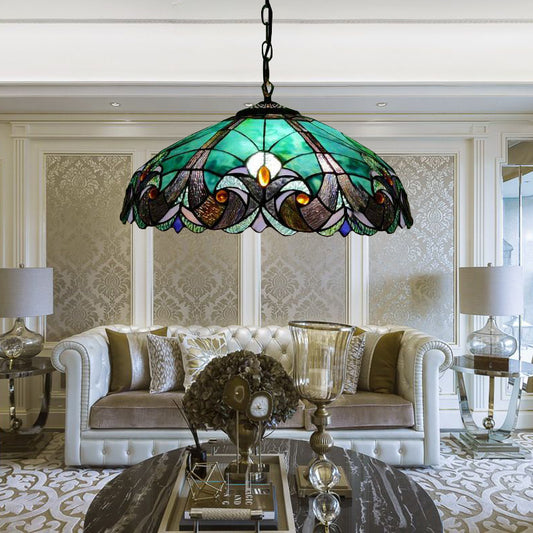 Tiffany Pendant Lighting Stained Glass 18" Wide Hanging Light with Adjustable Chains for Living Room Blue Clearhalo 'Ceiling Lights' 'Industrial' 'Middle Century Pendants' 'Pendant Lights' 'Pendants' 'Tiffany close to ceiling' 'Tiffany Pendants' 'Tiffany' Lighting' 183619