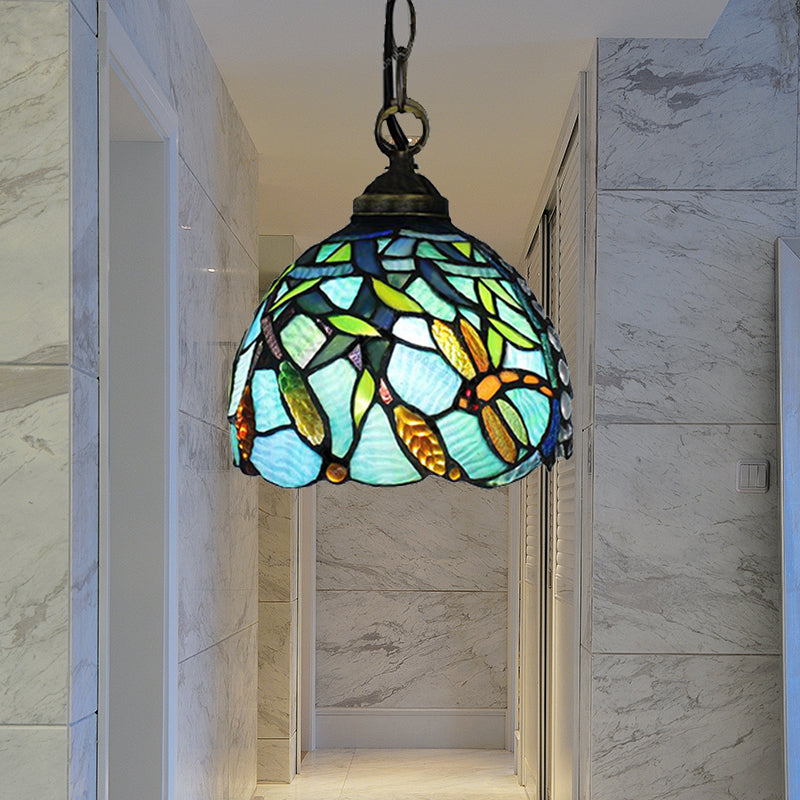 Domed Hanging Lamp 1 Head Aqua Hand Cut Glass Mediterranean Hanging Pendant Light with Dragonfly Pattern Aqua Clearhalo 'Ceiling Lights' 'Industrial' 'Middle Century Pendants' 'Pendant Lights' 'Pendants' 'Tiffany close to ceiling' 'Tiffany Pendants' 'Tiffany' Lighting' 183640