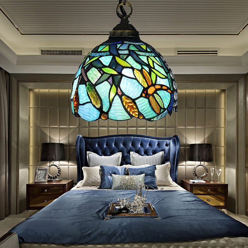 Domed Hanging Lamp 1 Head Aqua Hand Cut Glass Mediterranean Hanging Pendant Light with Dragonfly Pattern Clearhalo 'Ceiling Lights' 'Industrial' 'Middle Century Pendants' 'Pendant Lights' 'Pendants' 'Tiffany close to ceiling' 'Tiffany Pendants' 'Tiffany' Lighting' 183641