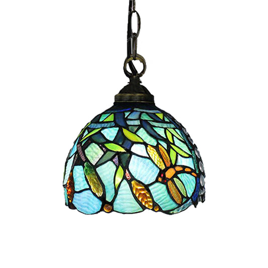 Domed Hanging Lamp 1 Head Aqua Hand Cut Glass Mediterranean Hanging Pendant Light with Dragonfly Pattern Clearhalo 'Ceiling Lights' 'Industrial' 'Middle Century Pendants' 'Pendant Lights' 'Pendants' 'Tiffany close to ceiling' 'Tiffany Pendants' 'Tiffany' Lighting' 183642