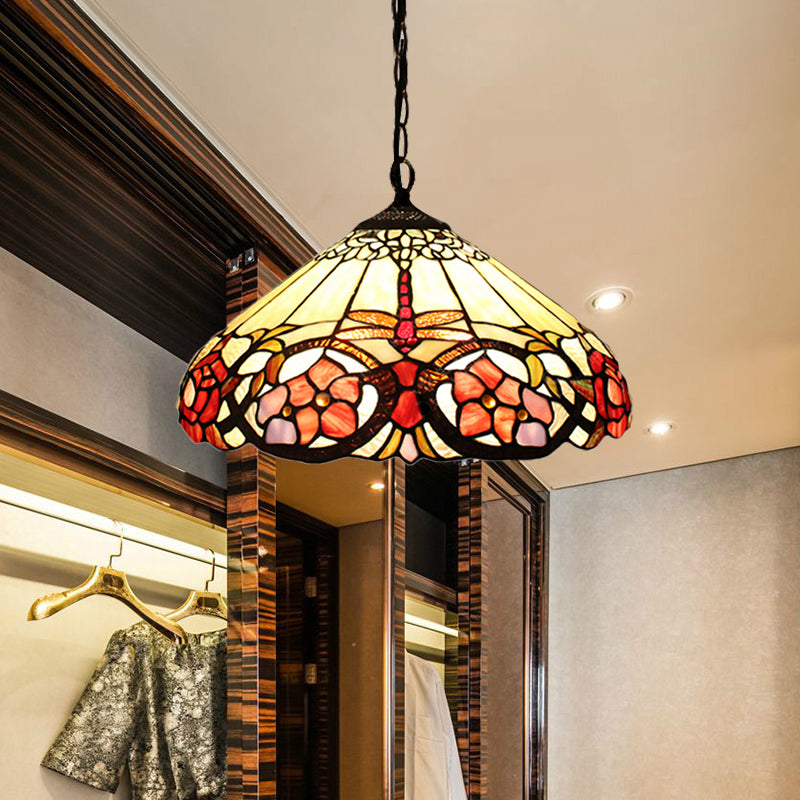 1 Bulb Bedroom Pendant Lighting Baroque Beige Hanging Ceiling Light with Cone Stained Glass Shade Beige Clearhalo 'Ceiling Lights' 'Industrial' 'Middle Century Pendants' 'Pendant Lights' 'Pendants' 'Tiffany close to ceiling' 'Tiffany Pendants' 'Tiffany' Lighting' 183677