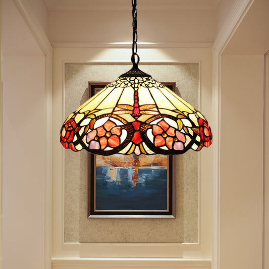 1 Bulb Bedroom Pendant Lighting Baroque Beige Hanging Ceiling Light with Cone Stained Glass Shade Clearhalo 'Ceiling Lights' 'Industrial' 'Middle Century Pendants' 'Pendant Lights' 'Pendants' 'Tiffany close to ceiling' 'Tiffany Pendants' 'Tiffany' Lighting' 183678