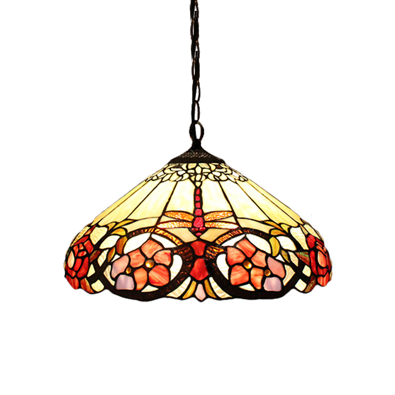 1 Bulb Bedroom Pendant Lighting Baroque Beige Hanging Ceiling Light with Cone Stained Glass Shade Clearhalo 'Ceiling Lights' 'Industrial' 'Middle Century Pendants' 'Pendant Lights' 'Pendants' 'Tiffany close to ceiling' 'Tiffany Pendants' 'Tiffany' Lighting' 183679