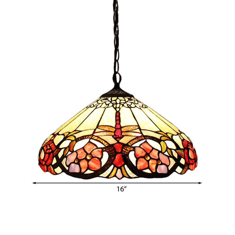 1 Bulb Bedroom Pendant Lighting Baroque Beige Hanging Ceiling Light with Cone Stained Glass Shade Clearhalo 'Ceiling Lights' 'Industrial' 'Middle Century Pendants' 'Pendant Lights' 'Pendants' 'Tiffany close to ceiling' 'Tiffany Pendants' 'Tiffany' Lighting' 183680