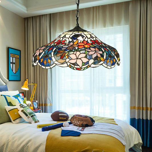 Floral Hanging Light Tiffany-Style Stained Glass 1 Bulb Black Pendant Light Fixture with Adjustable Metal Chain Black Clearhalo 'Ceiling Lights' 'Industrial' 'Middle Century Pendants' 'Pendant Lights' 'Pendants' 'Tiffany close to ceiling' 'Tiffany Pendants' 'Tiffany' Lighting' 183686