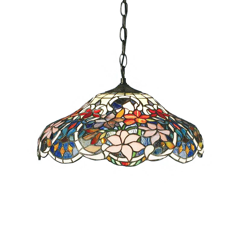 Floral Hanging Light Tiffany-Style Stained Glass 1 Bulb Black Pendant Light Fixture with Adjustable Metal Chain Clearhalo 'Ceiling Lights' 'Industrial' 'Middle Century Pendants' 'Pendant Lights' 'Pendants' 'Tiffany close to ceiling' 'Tiffany Pendants' 'Tiffany' Lighting' 183688