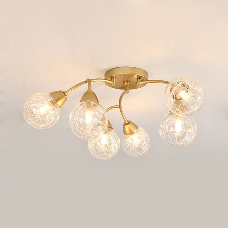 6/12 Lights Bedroom Semi Flush with Sphere Clear Glass Shade Modern Gold Led Semi Flush Ceiling Light Clearhalo 'Ceiling Lights' 'Close To Ceiling Lights' 'Close to ceiling' 'Glass shade' 'Glass' 'Semi-flushmount' Lighting' 183701